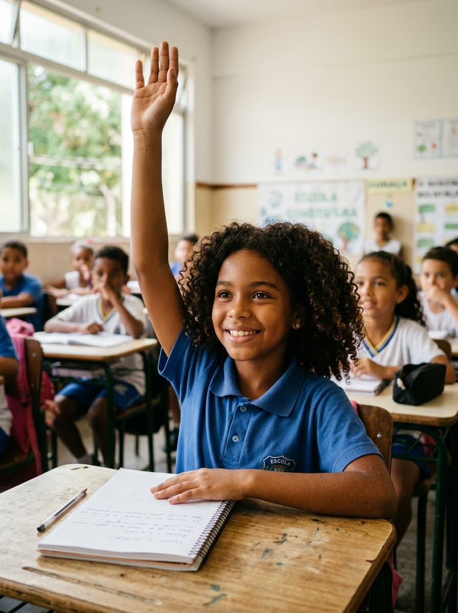 Estudante sorrindo e levantando a mão em sala de aula