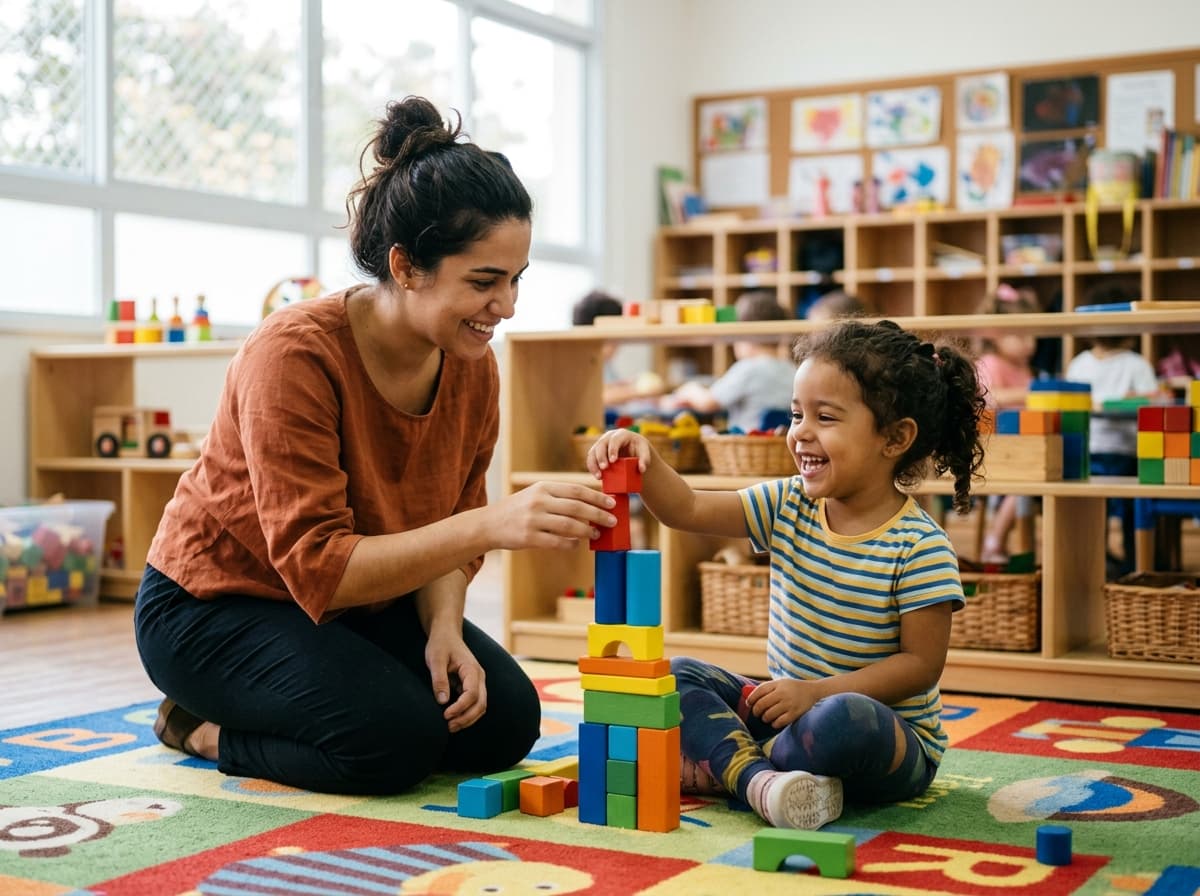Criança brincando com blocos coloridos ao lado de uma educadora