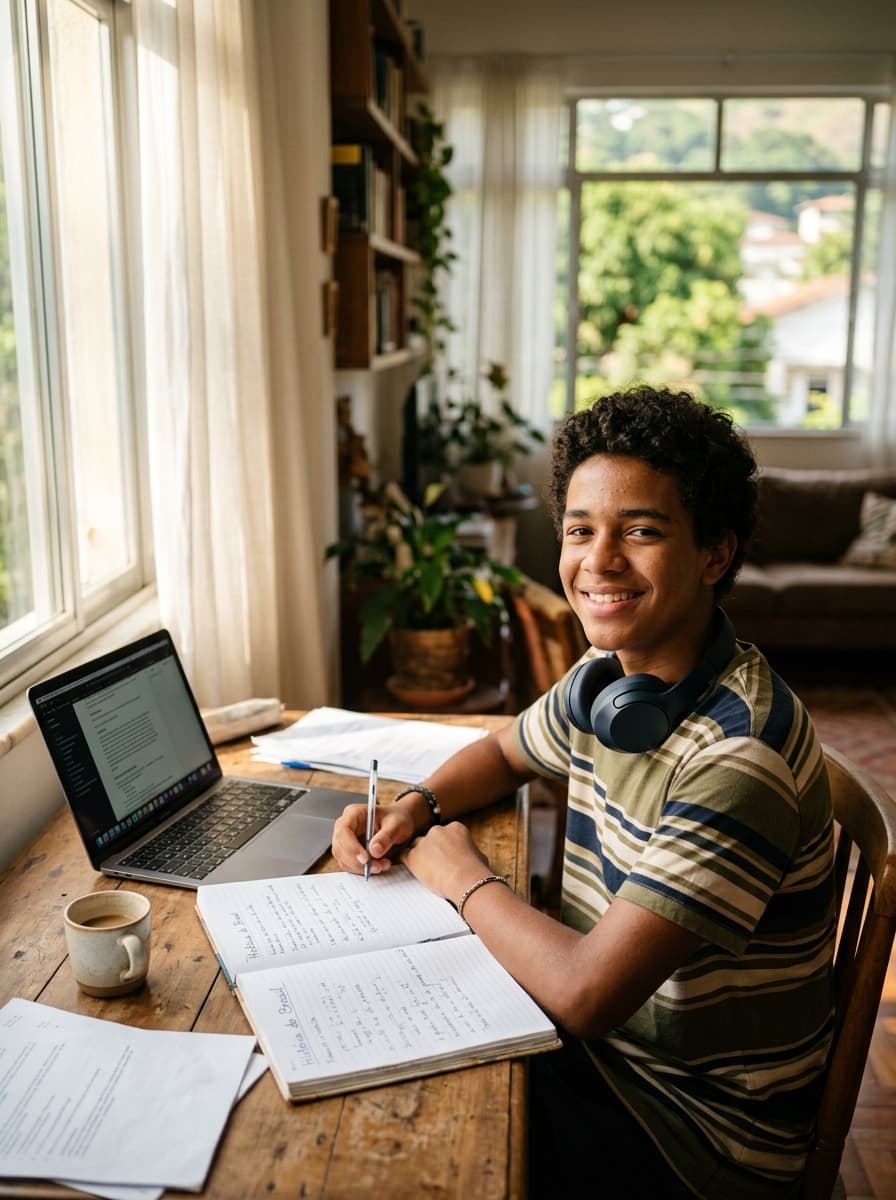 Adolescente sorrindo enquanto estuda em casa com notebook e caderno