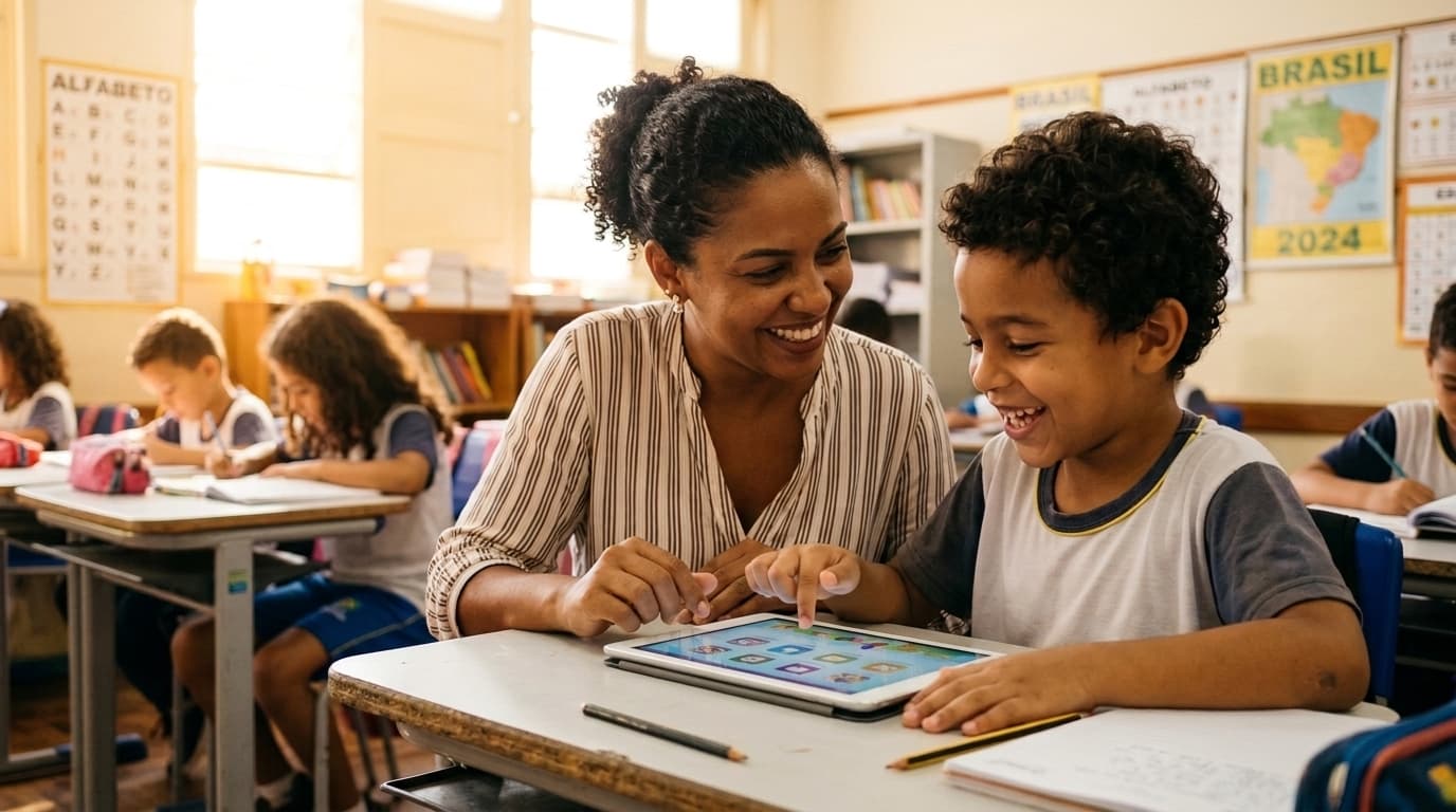 Professora e aluno sorrindo enquanto aprendem juntos