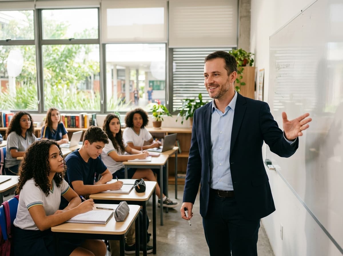 Professor explicando conteúdo para estudantes do ensino médio