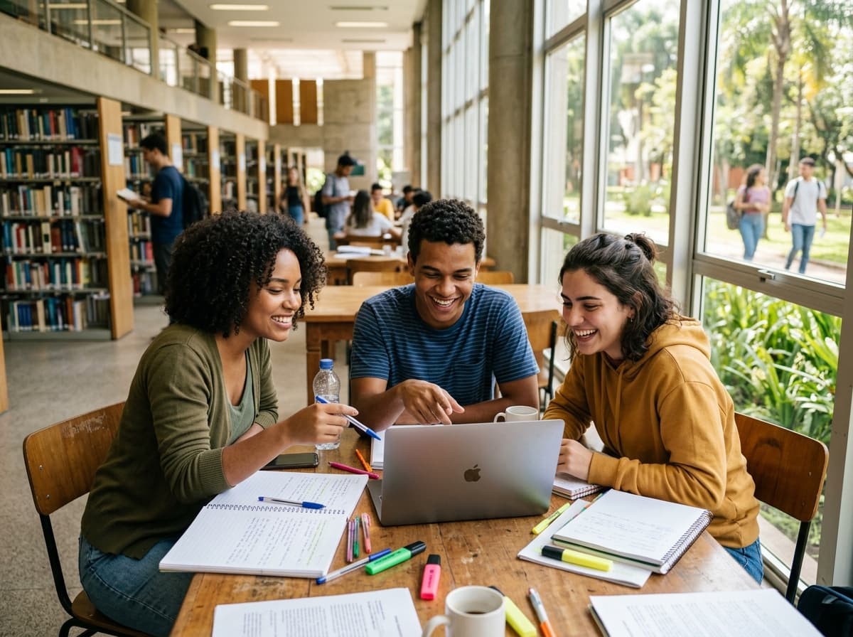 Universitários estudando juntos em uma biblioteca